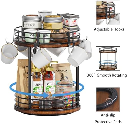 Rotating Coffee Mug Holder Rack Stand, 2 Tier Wooden Coffee Station Bar Organizer for Countertop, Spinning Kitchen Counter Organizer, Mug Shelf with 6 Hooks, Rustic Brown and Black - Image 4