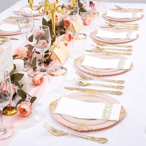 YOUBET 700 PCS Pink and Gold Plastic Dinnerware Set for Wedding Party - Image 3