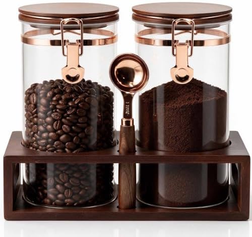 2 x 60Oz Coffee Container, Glass Coffee Bean Storage with Scoop & Wood Rack by Unknown
