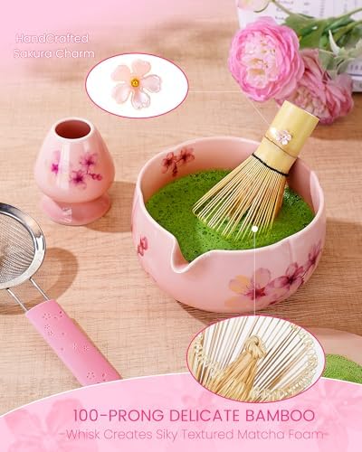 Matcha Whisk Set, Matcha Set Includes Large Matcha Bowl, Bamboo Whisk & Scoop with Cute Charm, Chasen Holder, Innovative Sifter, Tea Mat, 6pcs Matcha Kit Set for Latte Making - Image 4