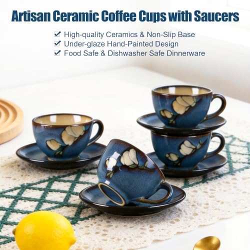 8 Oz Floral Porcelain Cappuccino Cups with Saucers Set of 4, Stoneware Tea Coffee Mugs for Home Kitchen & Office, Dishwasher Microwave Oven Safe, for Espresso, Latte, Americano, Milk & Tea, Dark Blue - Image 5