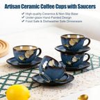 8 Oz Floral Porcelain Cappuccino Cups with Saucers Set of 4, Stoneware Tea Coffee Mugs for Home Kitchen & Office, Dishwasher Microwave Oven Safe, for Espresso, Latte, Americano, Milk & Tea, Dark Blue - Image 5