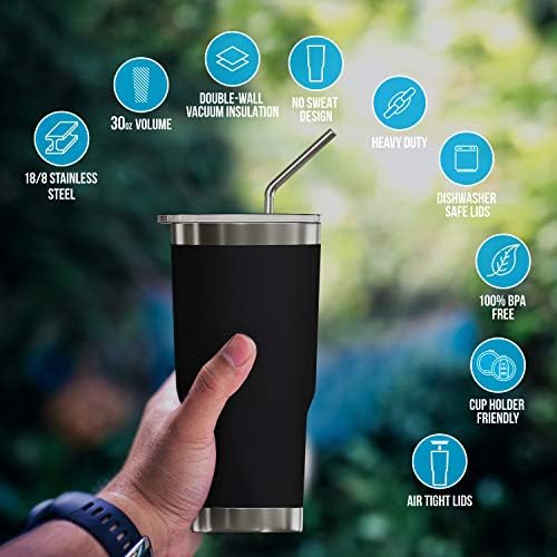 BluePeak Double Wall Vacuum Stainless Steel Insulated Tumblers Set, 2-Pack - Includes 2 Sipping Lids, 2 Spill-Proof Sliding Lids, 2 Straws, 1 Cleaning Brush & Gift Box (30 oz, Black) - Image 6