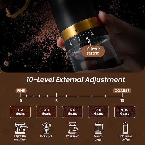 VEVOK CHEF Manual Coffee Grinder 10 External Adjustment Fashion Bean Grinder Stainless Steel Double Bearing Conical Burr Portable Hand Coffee Mill for Home,Camping,Gold - Image 2
