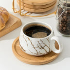 LUKA 7.77 oz Ceramic Cappuccino Cups with Bamboo Saucers and Metal Stand, Set of 4 Large Elegant Porcelain Coffee Cup for Latte, Cafe Mocha, Tea, Espresso, Dishwasher Safe, Marbling White - Image 7