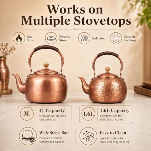 Vintage Copper Tea Kettle, Whistling Stovetop Water Pot with Rope Handle - Image 6