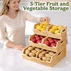 HOMESTEAD 3-Tier Bamboo Pantry Storage Bins – Stackable Potato & Onion Storage Bin with Handles, Fruit Basket & Produce Organizer for Kitchen Countertop, Pantry Organization, Set of 5 - Image 3