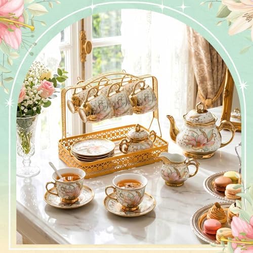 22 Pcs Vintage Porcelain Tea Sets for 6, White Magnolia Floral - Image 3