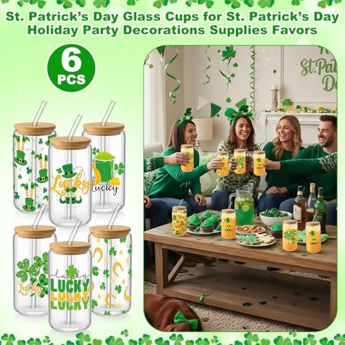 6 Pcs St Patrick's Day Glass Cups Shamrock Tumbler with Bamboo Lids and Straws 16 oz Irish Lucky Clover Reusable Can Shaped Drinking Glasses Bulk for St Patrick's Day Party Supplies - Image 6
