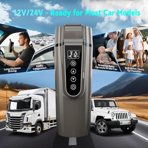 Car Electric Kettle for Travel : FVPE 12V/24V Small Electric Water Kettle, Multi-Temp Control 400 mL Portable Car Water Boiler for Brewing Coffee Tea,LCD Display 304 Stainless Steel Truck Heating Cup - Image 5