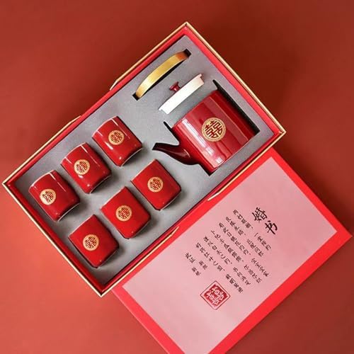 Wedding Tea Set, Chinese Traditional Wedding Decoration Double Happiness Porcelain Red Wedding Tea Set, Kung Fu Tea Set, Handmade Porcelain Ceramic 1 Tea Pot 6 Tea Cups 1 Gift box For Married Couples - Image 2