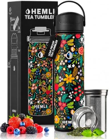 22 oz Ceramic Lined Tea Infuser Travel Tumbler, Micro-Mesh Stainless Steel Infuser, Pure Taste Ceramic Interior, Triple Insulated 12hr Hot Cold, Dual Sip & Straw Lid, Scratch-Resistant by Hemli