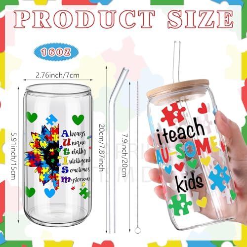 SiliFine 6 Pcs Autism Awareness Glass Cups, 16 oz with Lids - Image 3
