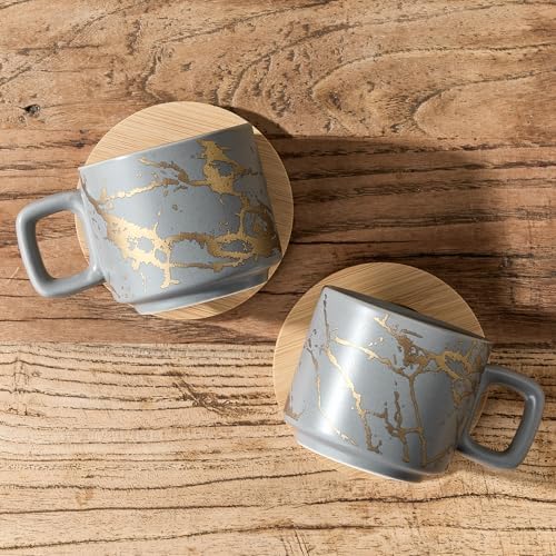LUKA Porcelain Espresso Cup with Saucer and Metal Stand, 4 Ounce Stackable Ceramic Demitasse Espresso Mugs Cups Set for Latte, Specialty Coffee Drinks, Cafe Mocha,Tea - Set of 4, Gray - Image 5