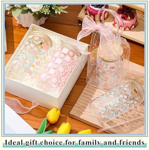 Mumufy 8 Sets Daisy Flower Glass Cups with Lids Straws Bulk, 16 Oz - Image 5