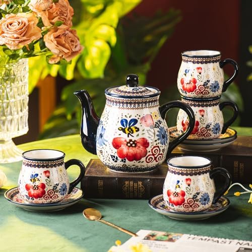 polish pottery style porcelain ceramic 10 piece Tea set,7.2oz tea cup and sauce set of 4,28.2oz teapot and 1wooden tray (Honey Bee Flower) - Image 6