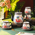 polish pottery style porcelain ceramic 10 piece Tea set,7.2oz tea cup and sauce set of 4,28.2oz teapot and 1wooden tray (Honey Bee Flower) - Image 6