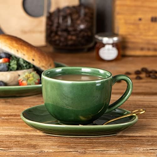 vicrays 6.5 oz Cappuccino Cups with Saucers, Set of 4, Ceramic Coffee Cup for Au Lait, Double shot, Latte, Cafe Mocha, Tea (Green) - Image 5