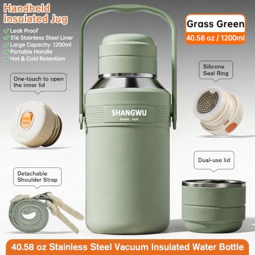 1200ml insulated tumbler with shoulder strap,Food Grade Stainless Steel Vacuum Travel Cup, 24H Hot Cold for Camping Sports Outdoor(Grass Green,40OZ 316 Stainless Steel Vacuum Insulated Water Bottle) - Image 3
