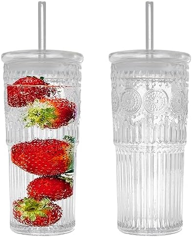 Bandesun All Glass Iced Coffee Cup With Lids and Straws，24 OZ High Borosilicate Glass Tumbler for Water Smoothie Juice Drinks by Bandesun