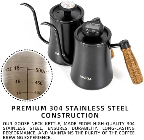 NEOUZA 500ml Gooseneck Kettle with Mechanical Dial Thermometer, 304 Stainless Steel Stovetop Safe Kettle for Pour Over Coffee and Tea, Precision Spout & Wooden Handle - Image 4