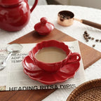 Ceramic Flower-shaped Tea Cup and Saucer Set 5oz/150ml Cappuccino Coffee Mug and Saucer, Unique Designer Pottery Gift for Tea Lovers (Red) - Image 6