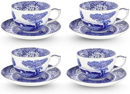 Spode Blue Italian Teacup and Saucer | Set of 4 Jumbo Mugs | Coffee Mug | 20 Ounce Cup for Tea, Lattes, Espressos, and Hot Beverages | Blue and White | Dishwasher Safe by Spode
