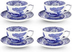 Spode Blue Italian Teacup and Saucer | Set of 4 Jumbo Mugs | Coffee Mug | 20 Ounce Cup for Tea, Lattes, Espressos, and Hot Beverages | Blue and White | Dishwasher Safe by Spode