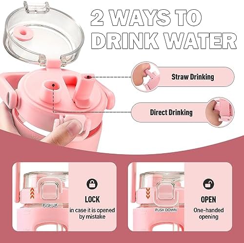 BLUEGO 40oz Glass Tumbler with Lid and Straw, Glass Water Bottles with Handle, Glass Cup with Time Marker and Silicone Sleeve, Fits Most Cup Holder, Leak-proof, Pink - Image 2