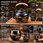 Japanese Tea Set, Black Porcelain Tea Set with 1 Teapot Set, 6 Tea Cups, 1 Tea Tray, 1 Stainless Infuser, Beautiful Asian Tea Sets for Adults, Tea Lover/Women/Men (Black Landscape) - Image 5