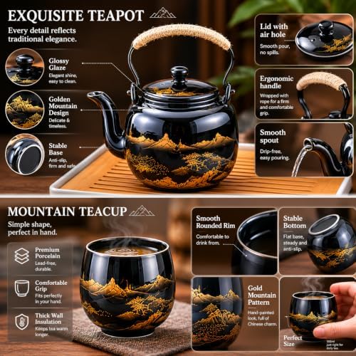 Japanese Tea Set, Black Porcelain Tea Set with 1 Teapot Set, 6 Tea Cups, 1 Tea Tray, 1 Stainless Infuser, Beautiful Asian Tea Sets for Adults, Tea Lover/Women/Men (Black Landscape) - Image 5