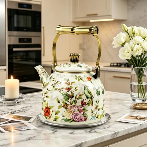 Vintage Enamel Tea Kettle Birds Floral Boho Stovetop Teapot with Gold Handle 2.5L Enamel Kettle Bohemian Kitchen Decor Ideal Gift for Housewarming Camping Coffee Pot - Image 2