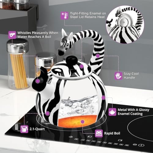 Whistling Tea Kettle for Stove Top Enamel on Steel Teakettle, Supreme Housewares Zebra Design Teapot Water Kettle Cute Kitchen Accessories Teteras (2.1 Quart, Zebra) - Image 4