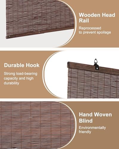 32" W x 72" H Cordless Bamboo Roller Shades for Interior, Coffee - Image 6