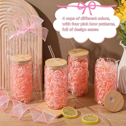 Mumufy 8 Sets Pink Bow Cute Glass Cups Bulk with Lids Straws, 16 Oz - Image 4