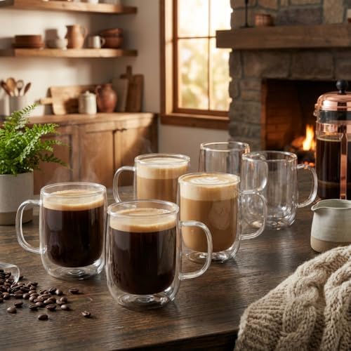 COLLECTIVE HOME 14oz Double Walled Glass Coffee Mugs, Set of 6 - Insulated Clear Glass Cups with Handle, Premium Gift Boxed, Heat Resistant Borosilicate Glassware for Latte, Americano & Tea (6) - Image 2