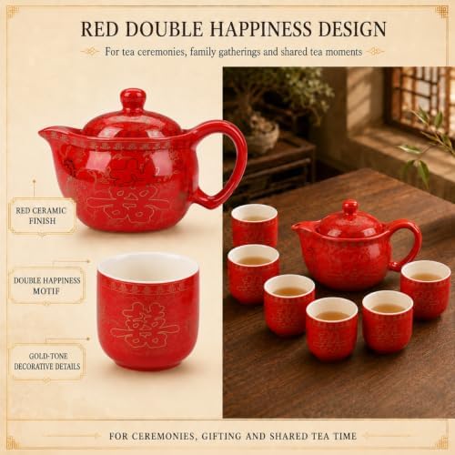 Chinese Tea Set Traditional Red Ceramic with Chinese Teapot and 6 Porcelain Teacups, Asian Gongfu Style Collection for Tea Ceremony, Chinese Wedding Gift with Fabric Box - Image 7