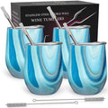 CHILLOUT LIFE 12 oz Stainless Steel Wine Tumblers 4 Pack - Double Wall Vacuum Insulated Wine Glasses Cups with Lids and Straws Set Keeping Cold & Hot for Coffee, Beer, Ice Cream - Ocean Marble Pattern by CHILLOUTLIFE