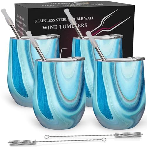 CHILLOUT LIFE 12 oz Stainless Steel Wine Tumblers 4 Pack - Double Wall Vacuum Insulated Wine Glasses Cups with Lids and Straws Set Keeping Cold & Hot for Coffee, Beer, Ice Cream - Ocean Marble Pattern by CHILLOUTLIFE