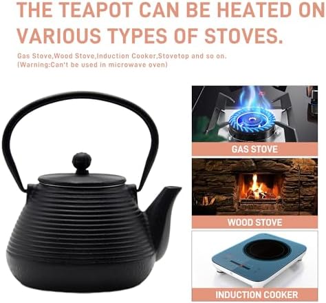 20.3oz Small Cast Iron Teapot, SECHUDO Cast Iron Tea Kettle for Stovetop Safe Coated with Enameled Interior, Cast Iron Tea Pot with Stainless Steel Infuser for Loose Tea (Black Pinstripe Pattern) - Image 2