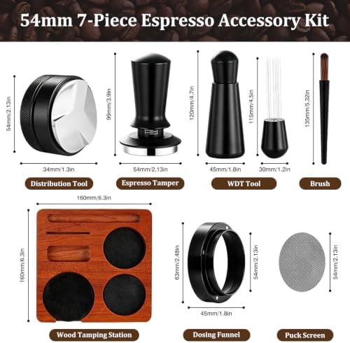 54mm Espresso Accessories Kit, 7-Pcs Barista Tools Set with Calibrated Coffee Tamper, WDT Tool, Espresso Distributor, Dosing Funnel, Puck Screen & Wooden Tamping Station for Home Barista - Image 2