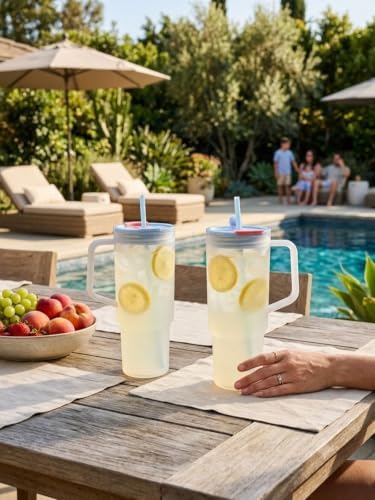 40oz Frosted Plastic Tumbler with Handle and Straw Lid, Reusable Large Iced Coffee Cup Travel Mug for Cold Drinks, Clear Acrylic Tumbler Cup for Smoothies, Tea, Juice, Office & Outdoor Use - Blue - Image 2