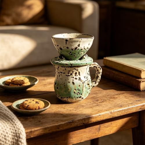 Textured Ceramic Coffee Set, Dripper Server for Morning Brewing, Vintage Glazed Look, Countertop Kitchen Display Manual Coffee Dripper Ceramic Brewer Glazed Server Countertop Brewing Set Hand Drip - Image 7