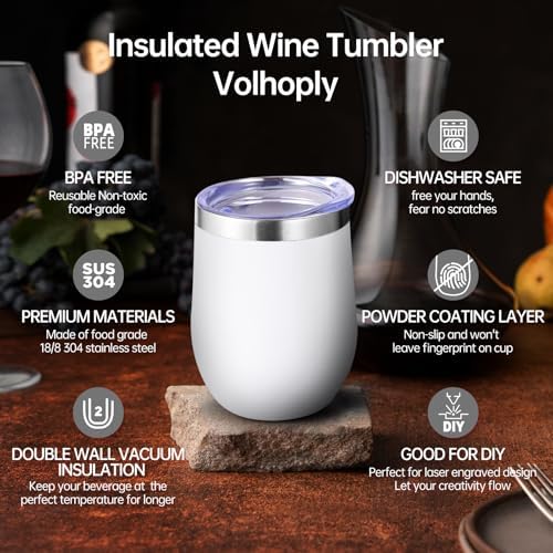 Volhoply 12oz Stainless Steel Wine Tumbler with Lid Bulk 12 Pack,Double Wall Vacuum Stemless Wine Glasses,Reusable Metal Travel Coffe Mug with Straw,Insulated Cups Gifts for Christmas（White,12 Set） - Image 3