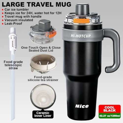 (Knight Black- ceramic inner+ Handle+independent tea utensil+3 drinking mode) 40oz Insulated Tumbler with Handle, 316 Stainless Steel Vacuum Travel Mug for Car Office Gym Outdoor - Image 3