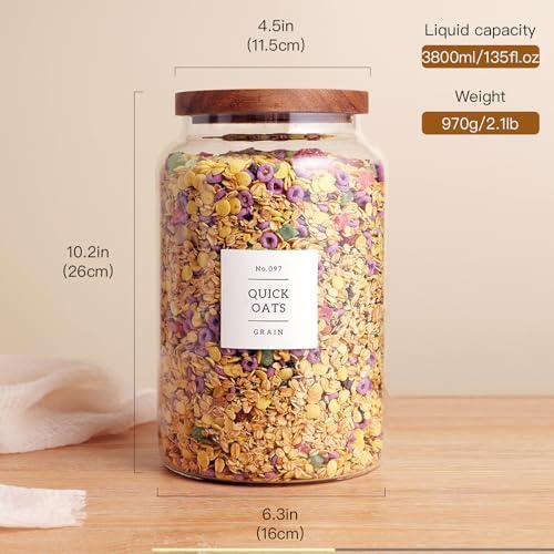CZHQSMZ Set of 2 Large Glass Flour and Sugar Containers with 132 Pantry Labels - Glass Food Storage Jars with Airtight Bamboo Lid for Flour Pasta Candy Coffee Cookie and More(1 Gallon/4000 ml) - Image 3