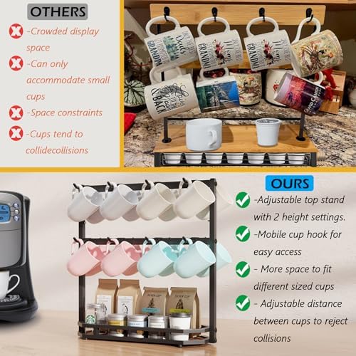 Coffee Mug Holder with Movable Hooks,16 Capacity Coffee Cup Holder for Countertop, Metal Mug Tree Holder Rack with Storage Base,Home Storage Mug Organizer adjustable Heights (Black) - Image 7