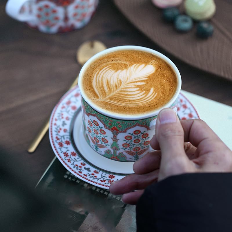 Turkish Ceramic Coffee Cups with Saucers Green Flower Tea Cups Set - Image 4