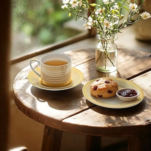 Luxury White & Gold Embossed Tea Cups and Saucers with Teapot, Sugar Bowl, & &Creamer, Vintage European Porcelain Coffee Set for Tea Party, Wedding, Gift (Gold, 4pcs/set) - Image 3