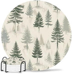 Christmas Tree Absorbent Ceramic Coasters Set of 4 with Holder, Xmas Pine Trees Winter Rustic Forest Vintage 4" Round Drink Coasters with Cork Base, Coffee Mugs Mats for Housewarming Gift/Bar/Party by Unknown
